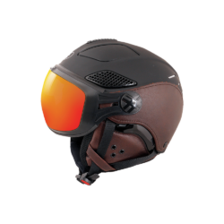 Casque de ski Diezz Louna II Edition Leather Brown avec visière ActivLux, vue de profil montrant les finitions cuir marron et la visière photochromique.