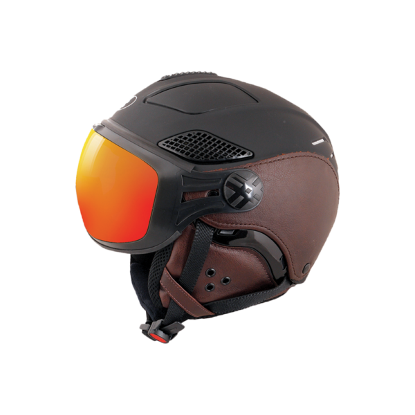 Casque de ski Diezz Louna II Edition Leather Brown avec visière ActivLux, vue de profil montrant les finitions cuir marron et la visière photochromique.